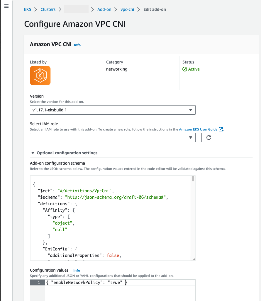 <code class="shared">consolelong</code> showing the VPC CNI add-on with network policy in the optional configuration.